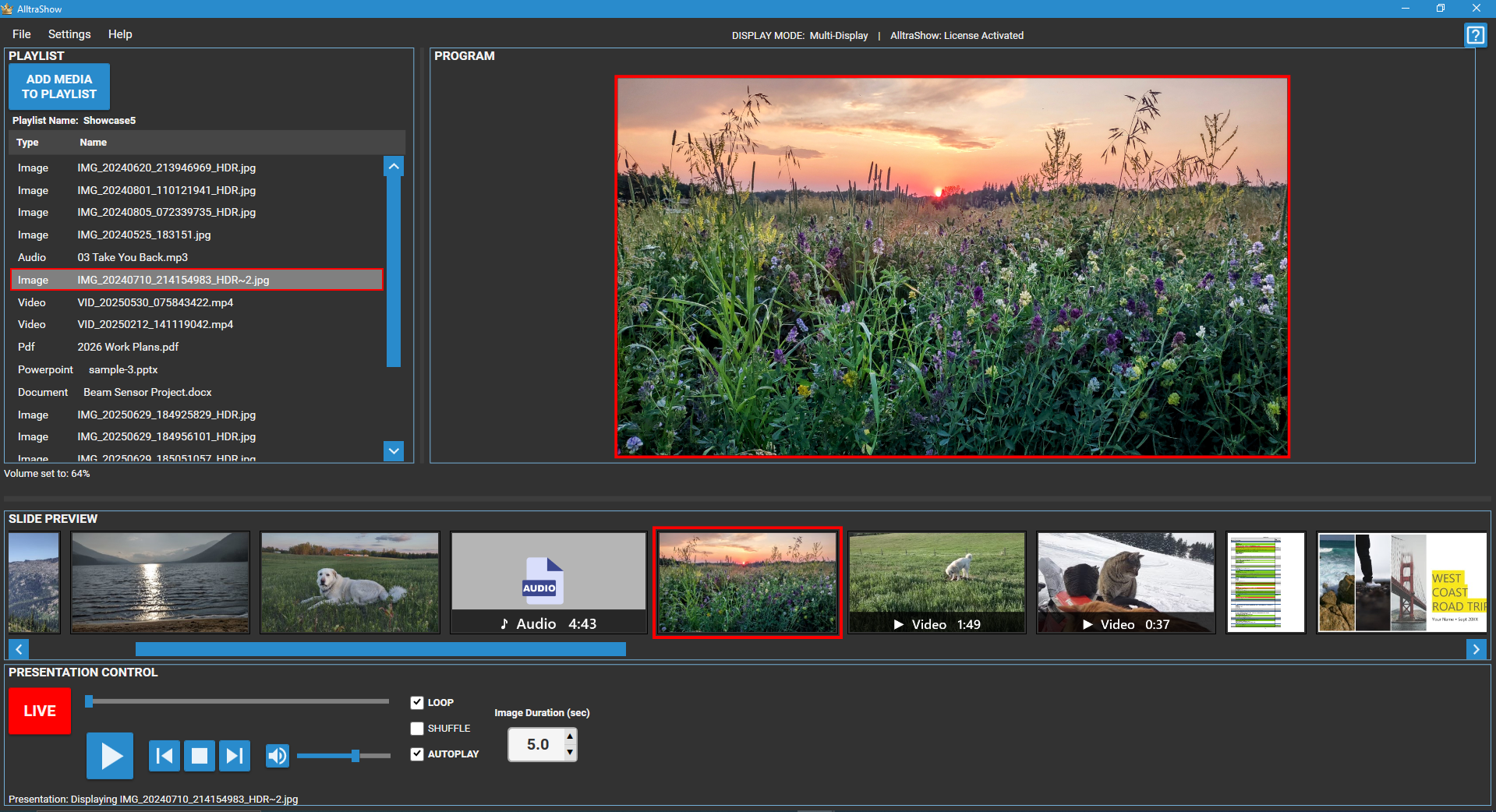AlltraShow main window showing a playlist with video, image, and audio files — full resolution
