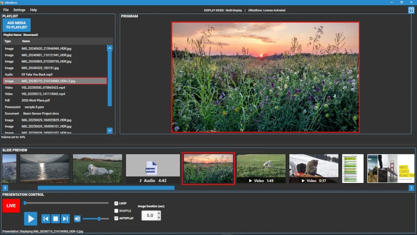 AlltraShow main window showing a playlist with video, image, and audio files